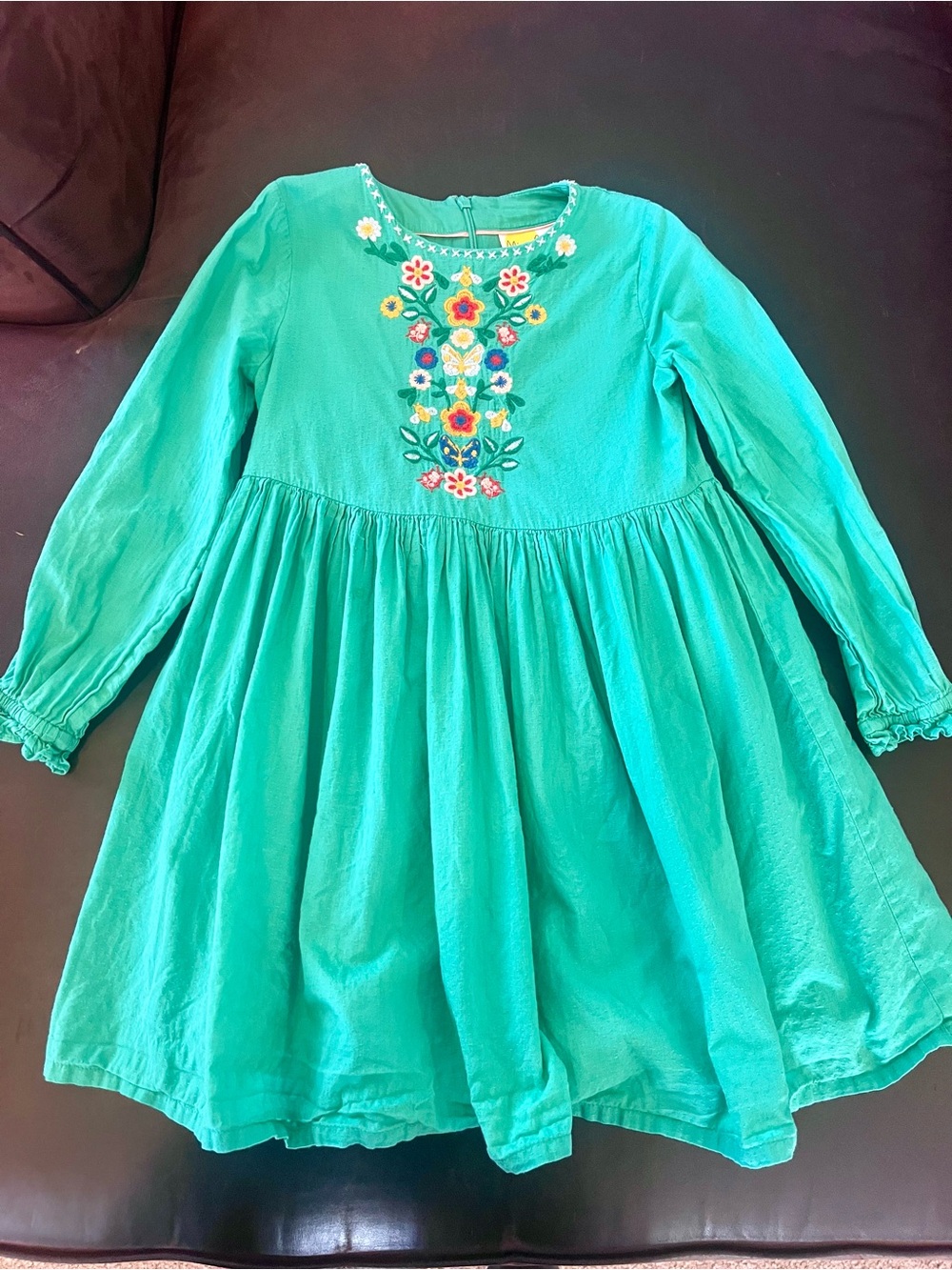 Mini Boden Turquoise Floral Embroidered Long-Sleeve Dress
